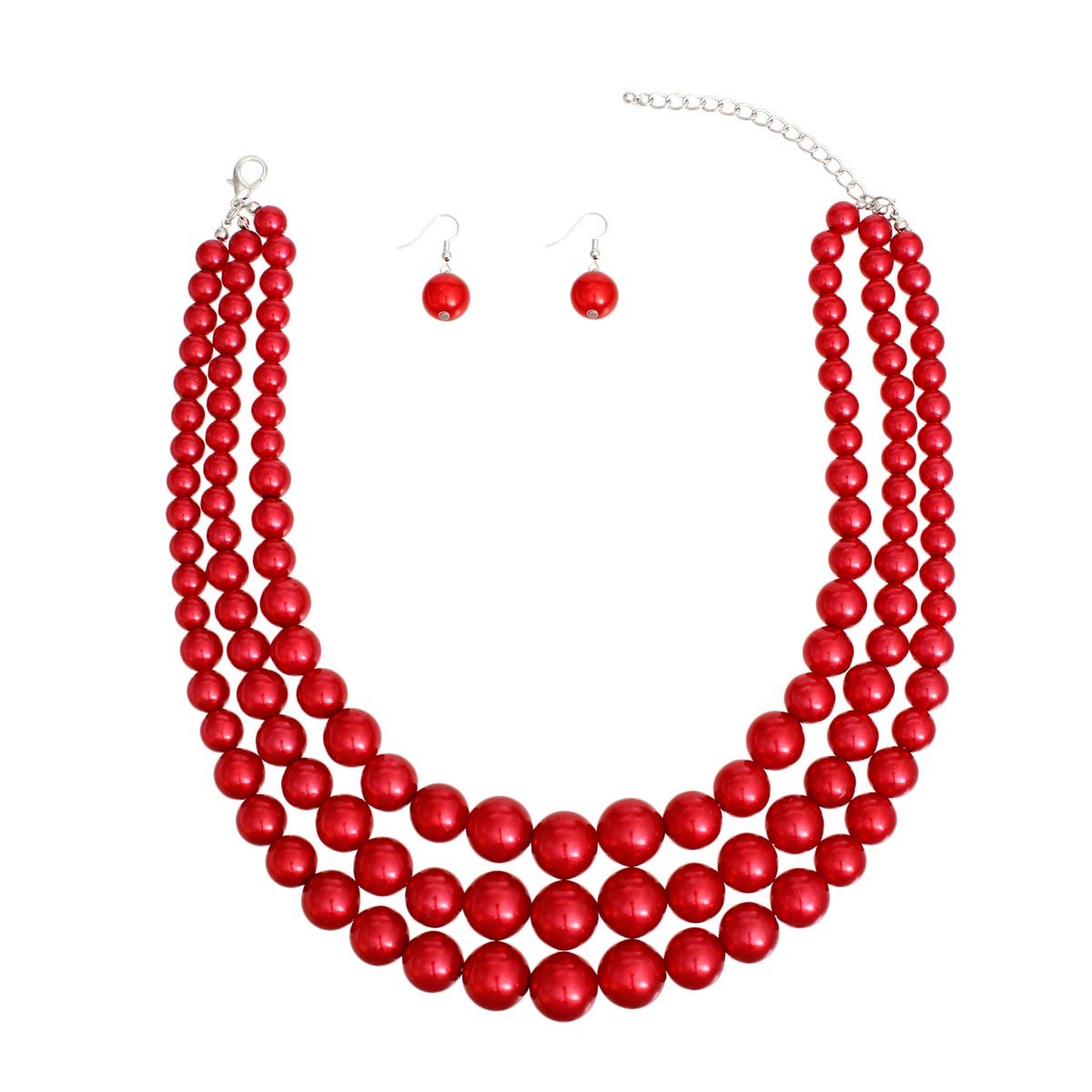 Pearl Necklace Red 3 Layer Set for Women
