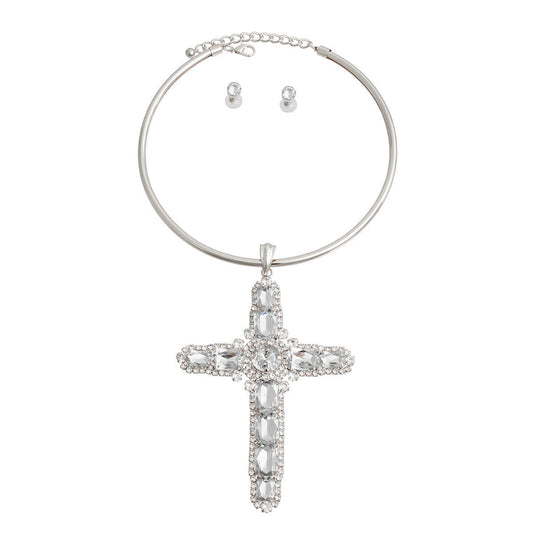 Rigid Silver Halo Cross Necklace