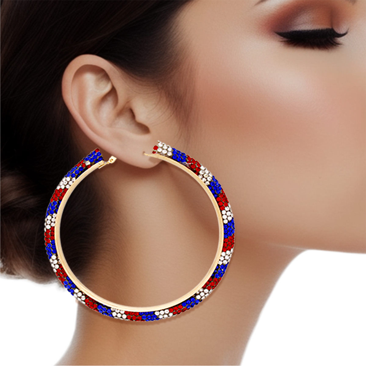 Hoop Red White Blue Tube Rhinestone 3" Earrings