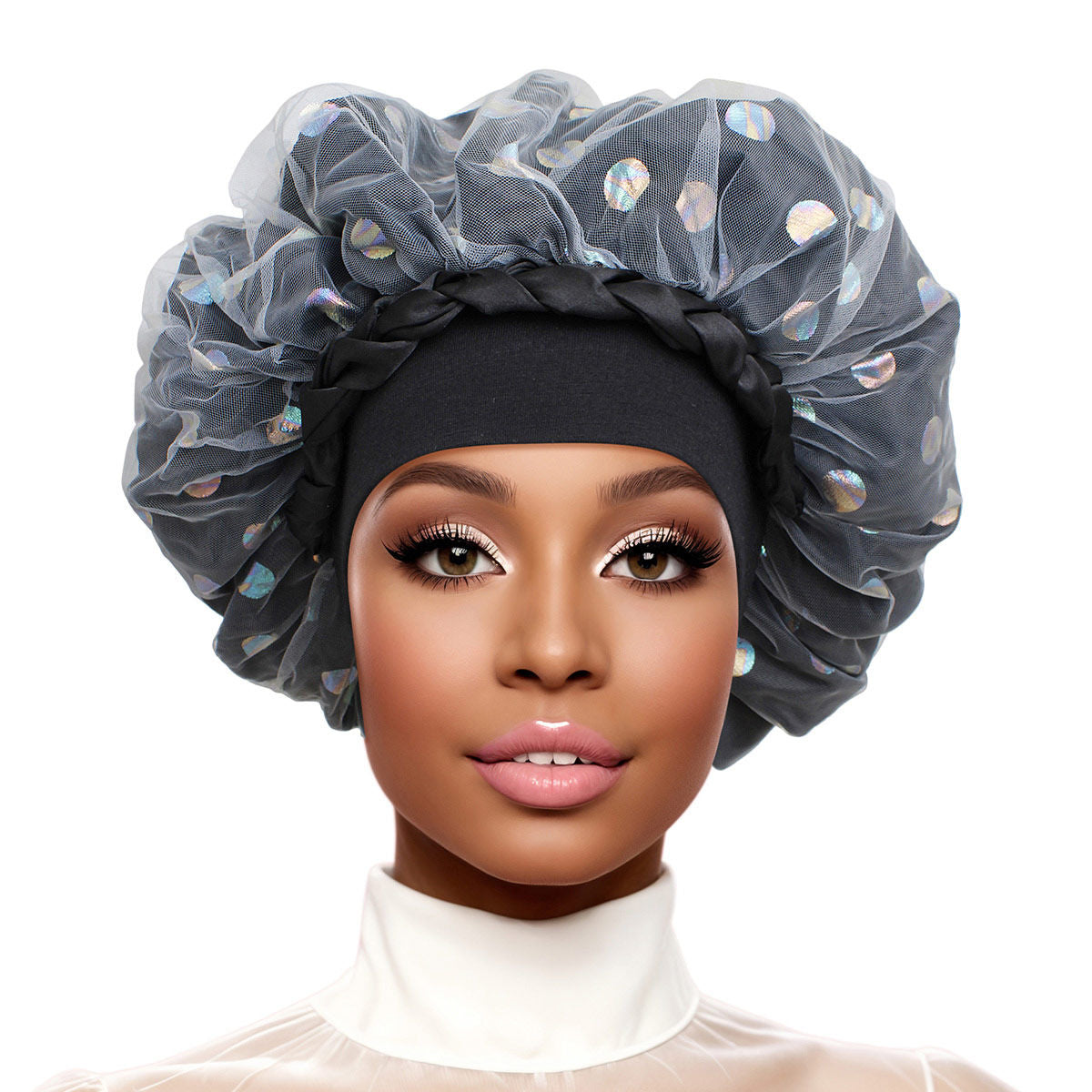 Bonnet Black Satin Wide Edge Double Layer Women