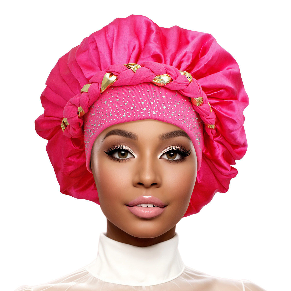 Bonnet Hot Pink Gold Satin Wide Edge Braid Women