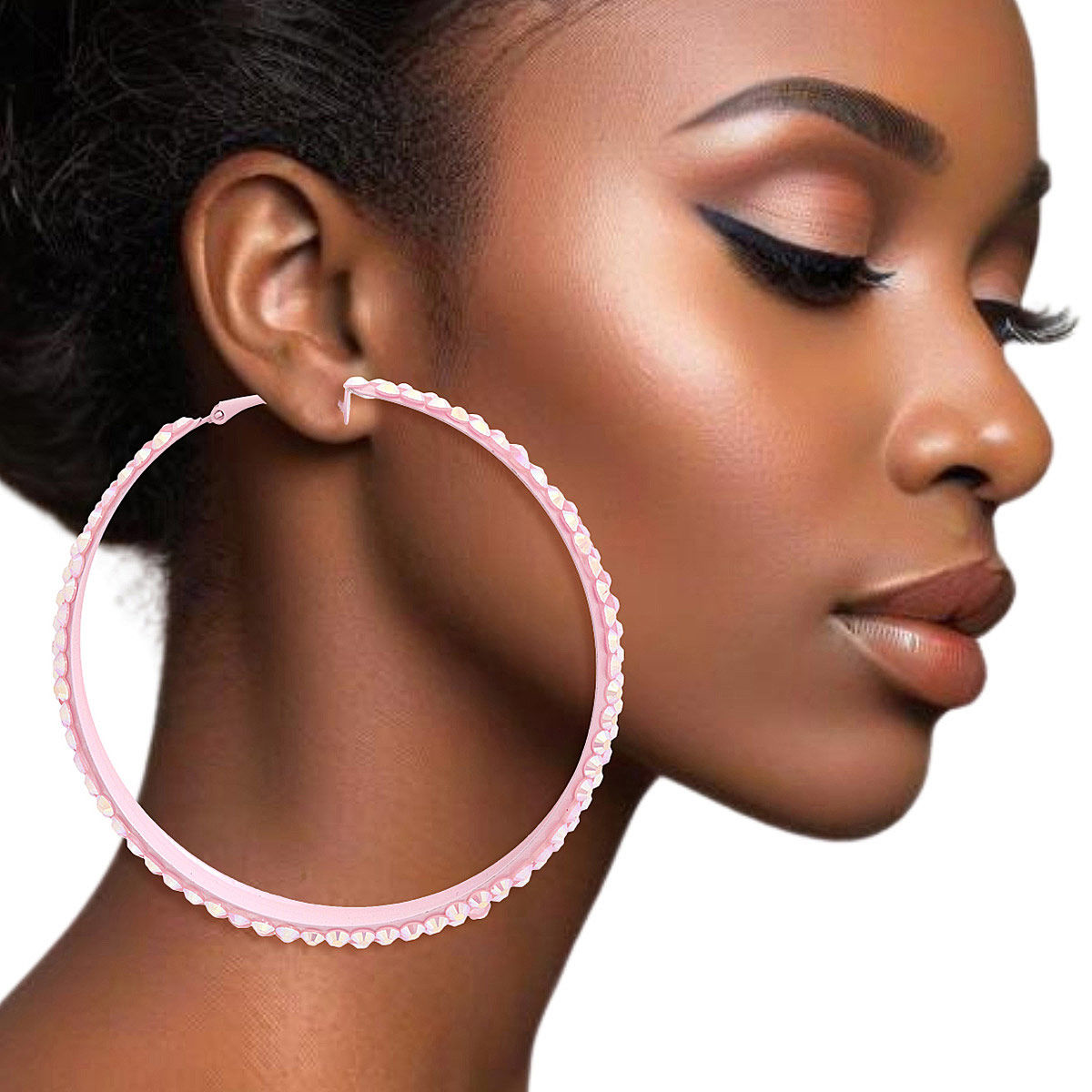 Hoops Pink Metal Bling 3 inch Earrings Women