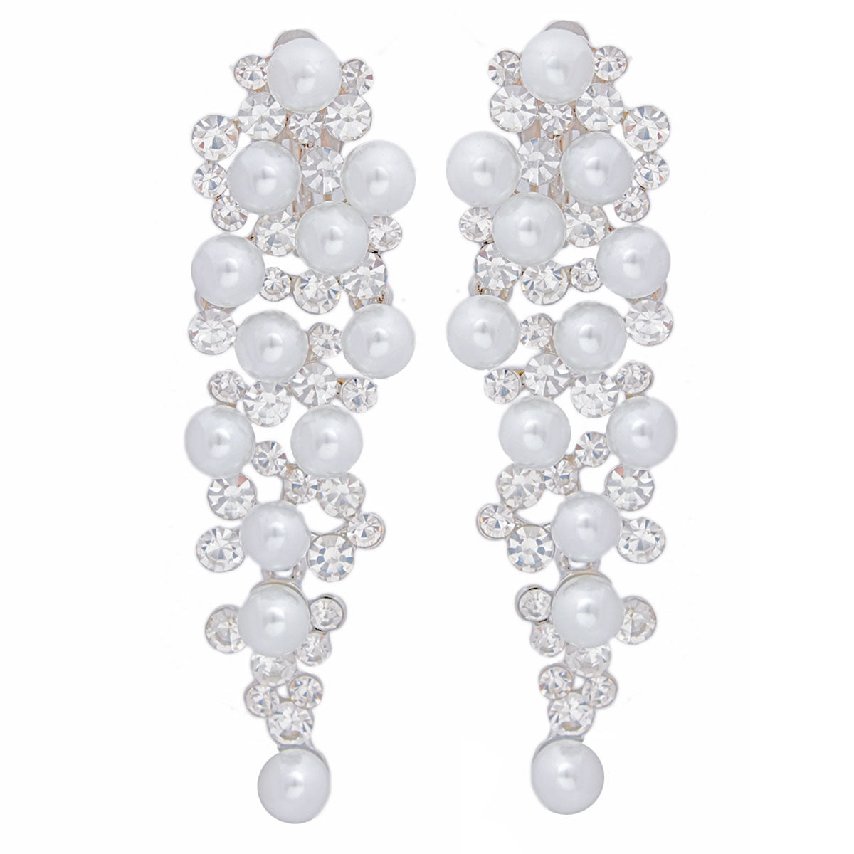 Clip On Silver Pearl Cluster Long Earrings Women