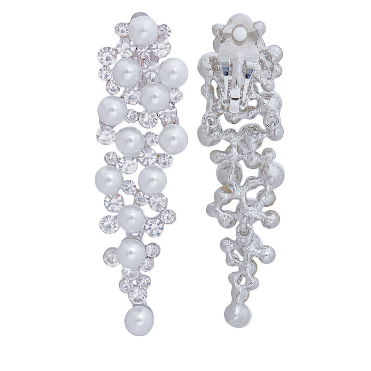 Clip On Silver Pearl Cluster Long Earrings Women