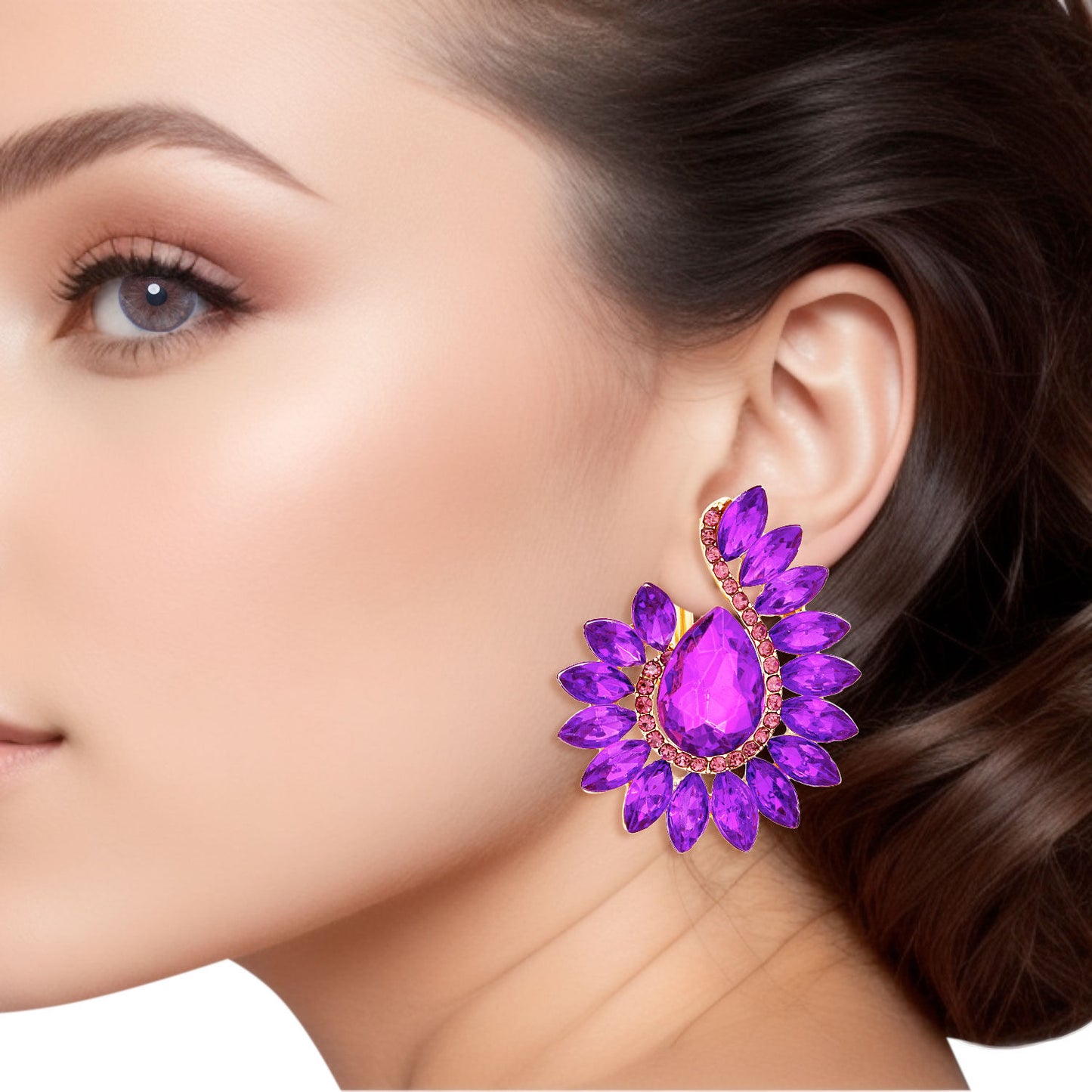 Clip On Purple Hook Crystal Earrings for Women