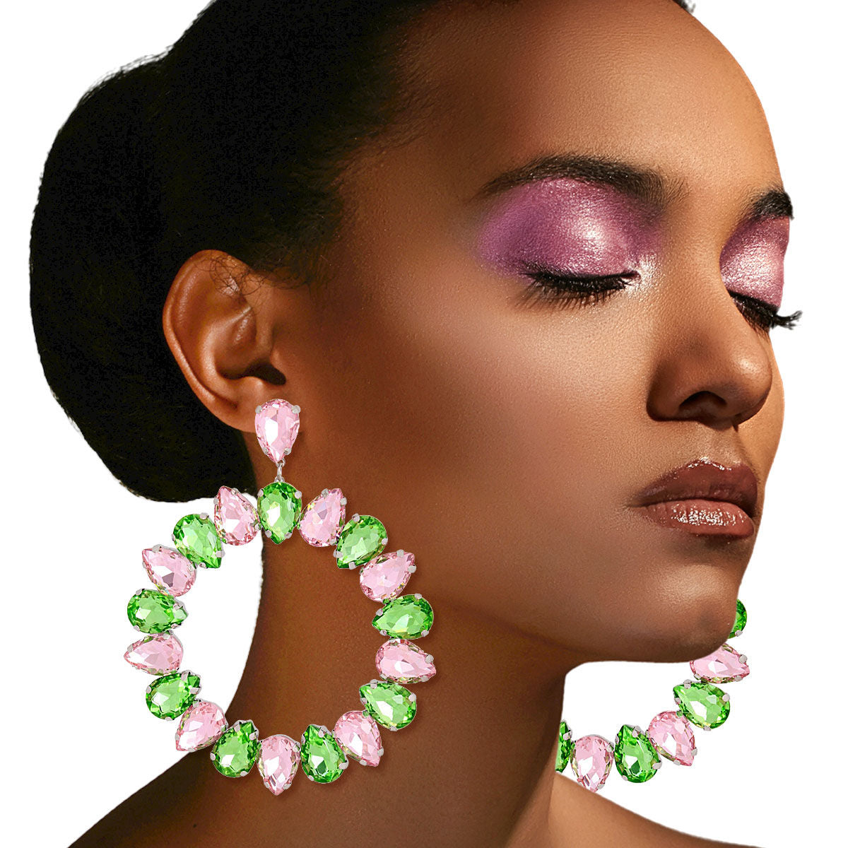 AKA Pink Green Glass Drop Hoop Earrings