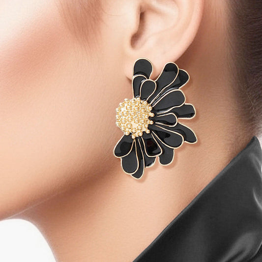 Studs Black Half Daisy Flower Earrings for Women