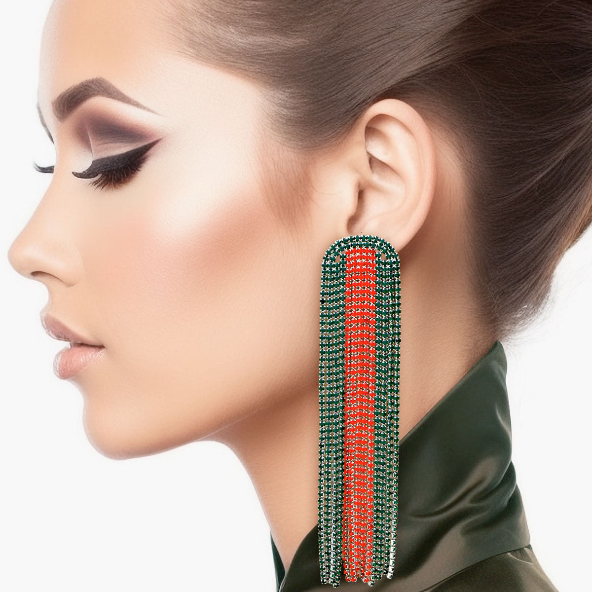 Fringe Red and Green Long Arched Earrings Women