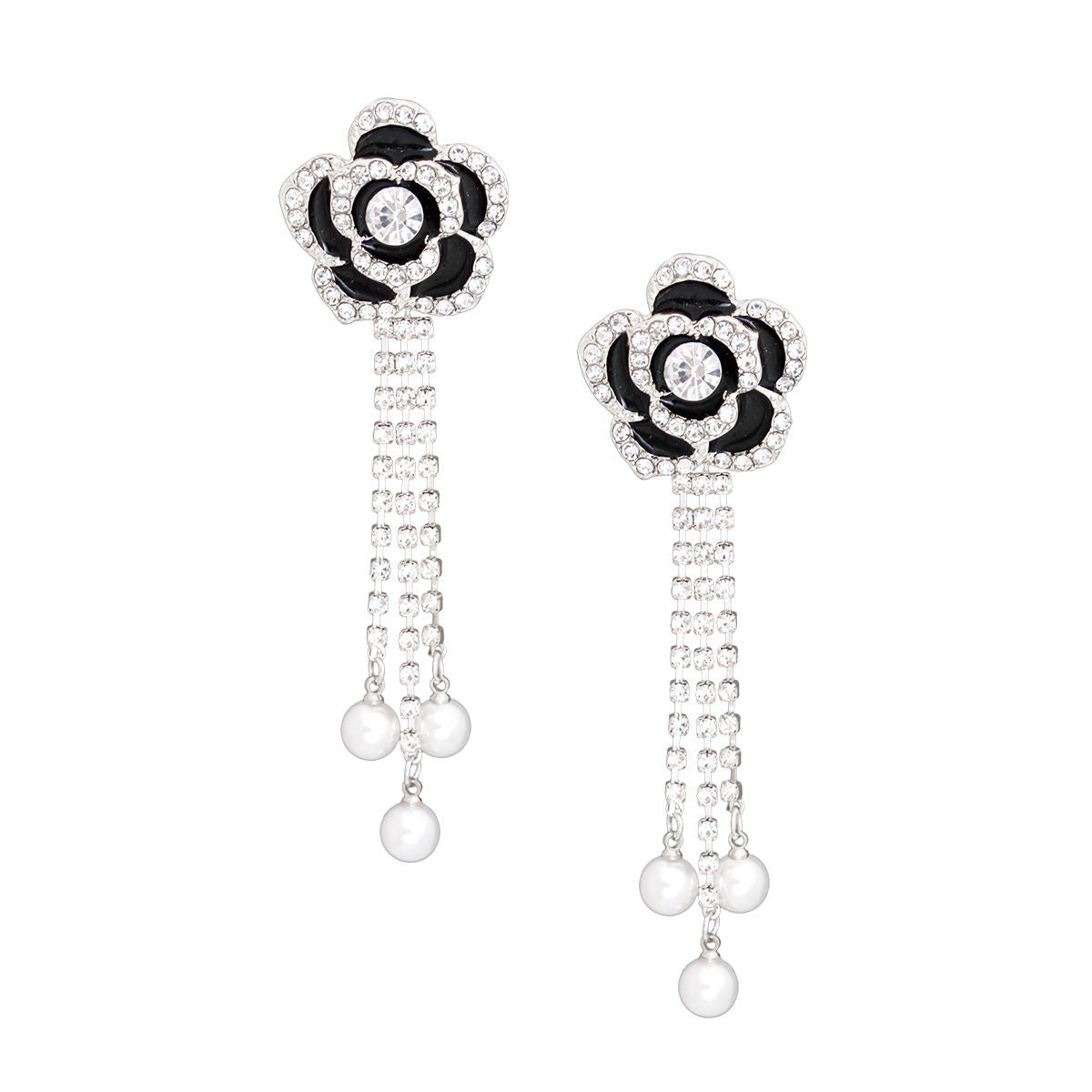 Drop Black Rose Pave Fringe Silver Earrings Women