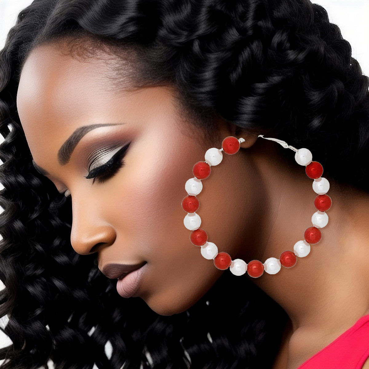 DST Sorority Red White Pearl Hoops for Women