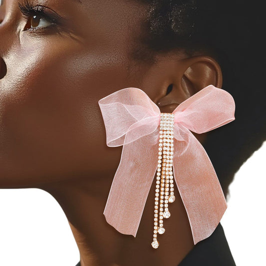 Tassel Pink Ribbon Bow Sparkling Fringe Earrings