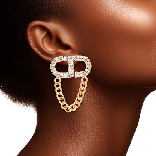 Studs Gold Pave CD Draped Chain Earrings Women