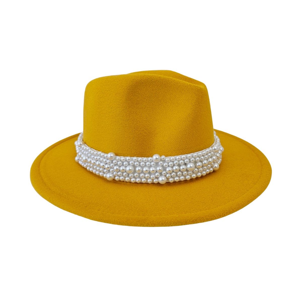 Yellow Fedora White Pearl Band Hat Women