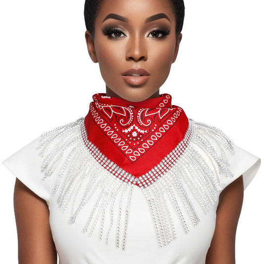 DST Red and White Bandana Bling Fringe Necklace