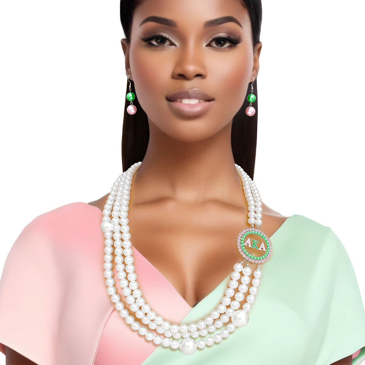 AKA Sorority White Pearl Long Brooch Necklace