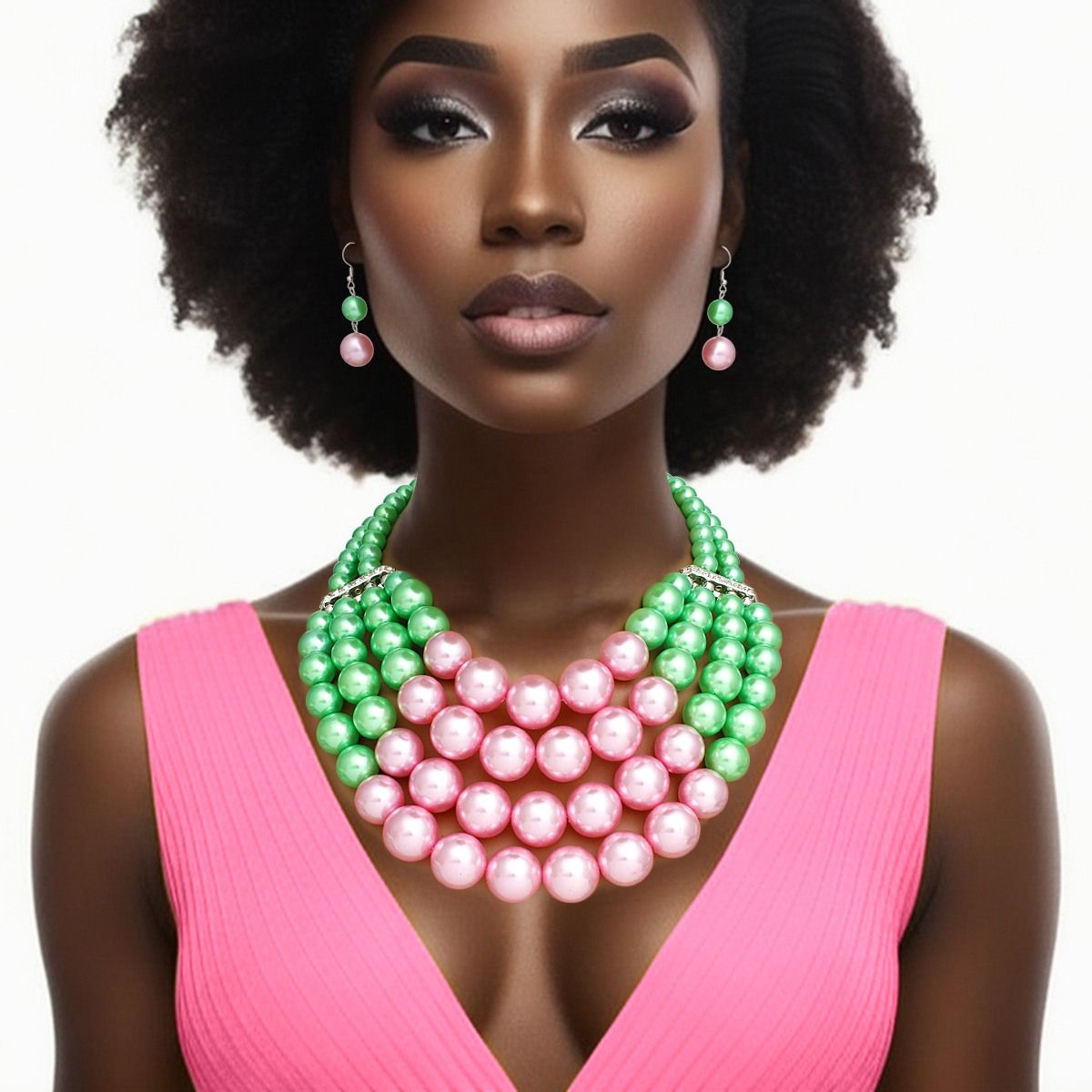 AKA Chunky Pink Green Pearl Bib Necklace Set