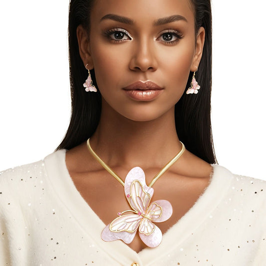 Necklace Light Pink Butterfly 3D Pendant Set Women