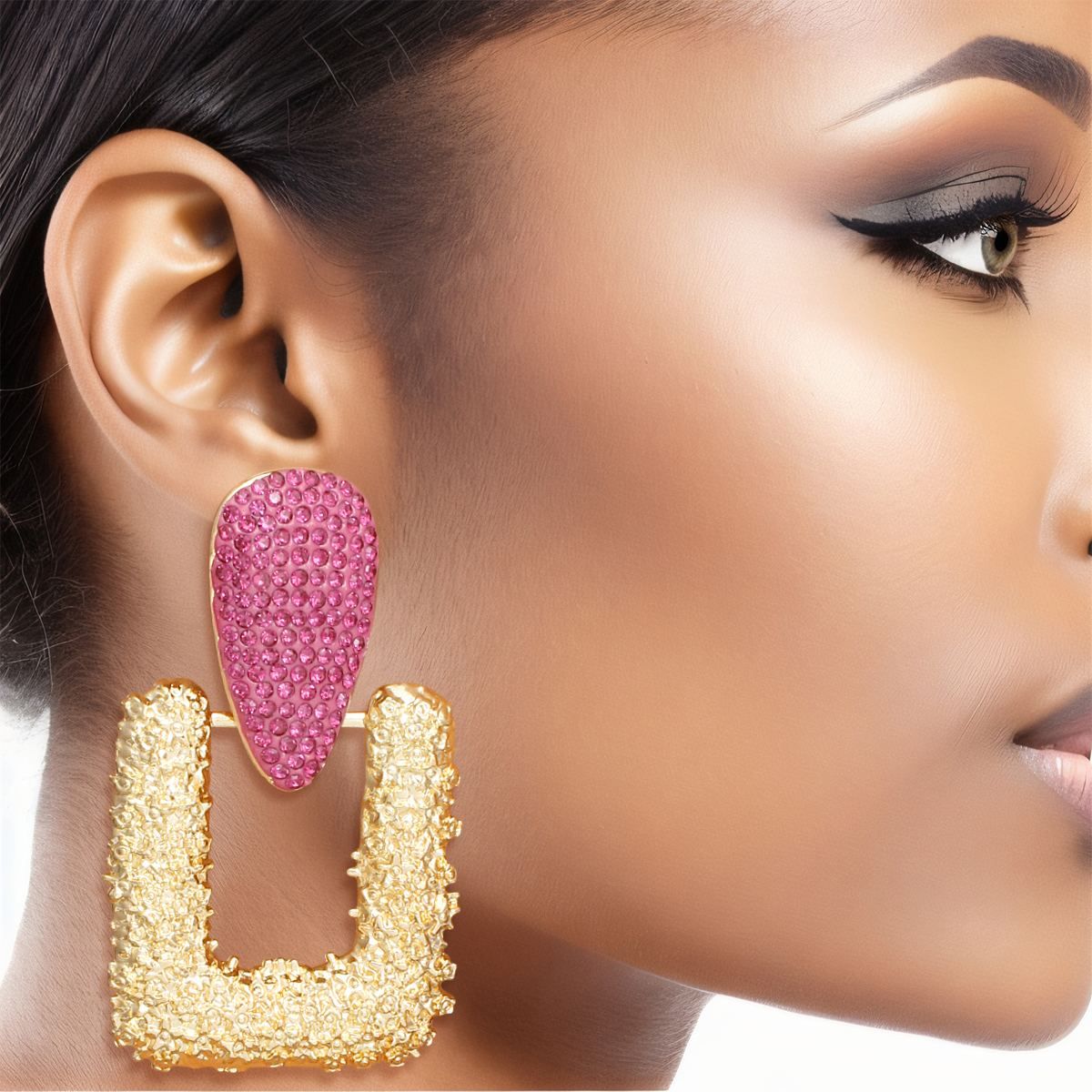 Drop Edgy Fuchsia Stone Hinge Gold Square Earrings