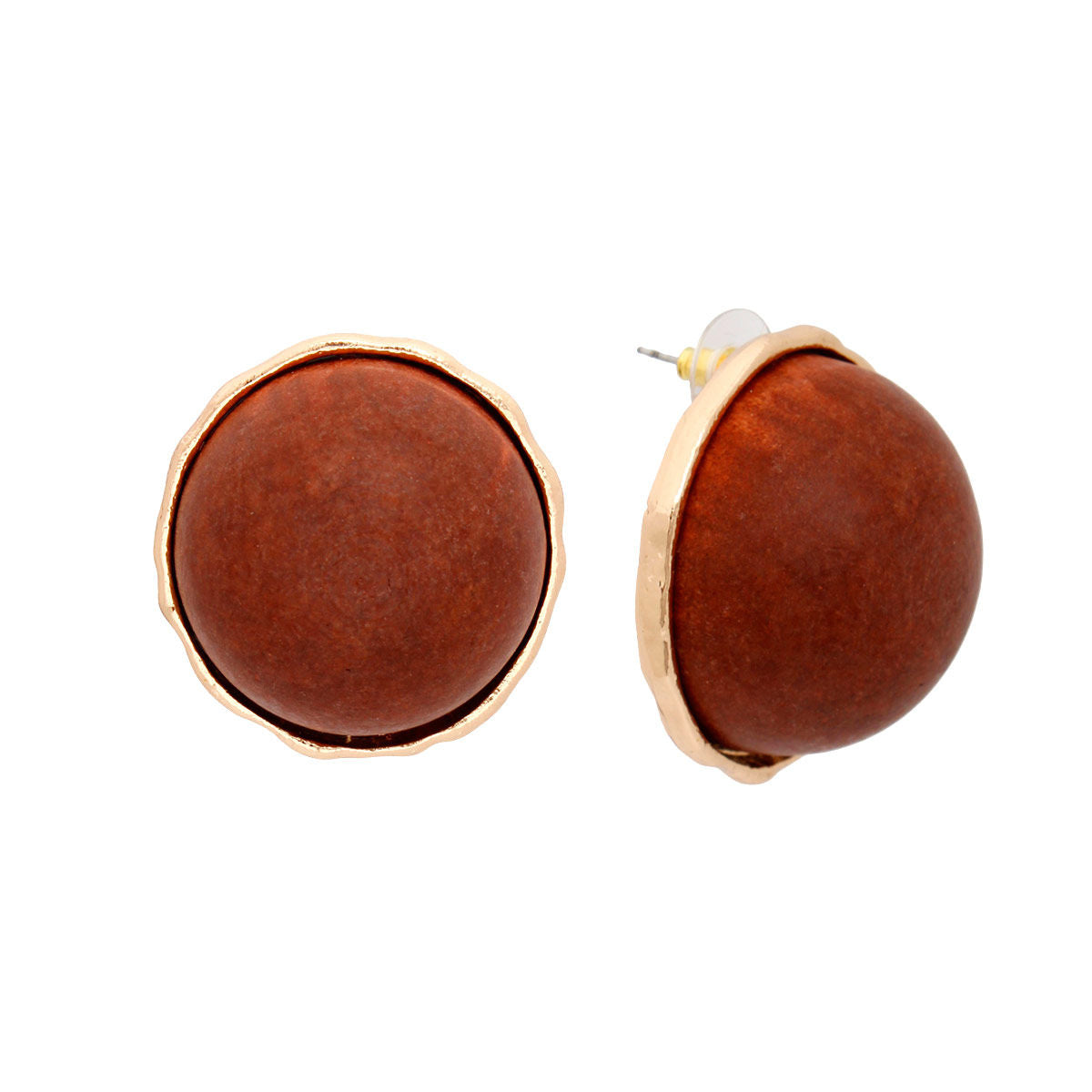 Studs Domed Brown Wood Large Earrings for Women