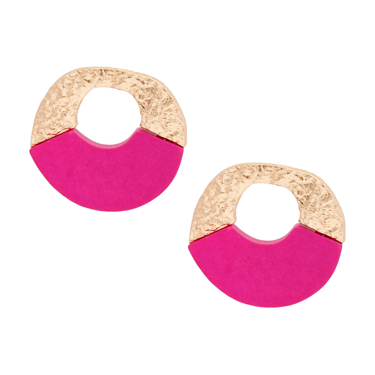 Studs Medium Gold Fuchsia Wood Circle Earrings