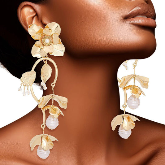 Chandelier Gold Flower Pearl Dangle Earrings