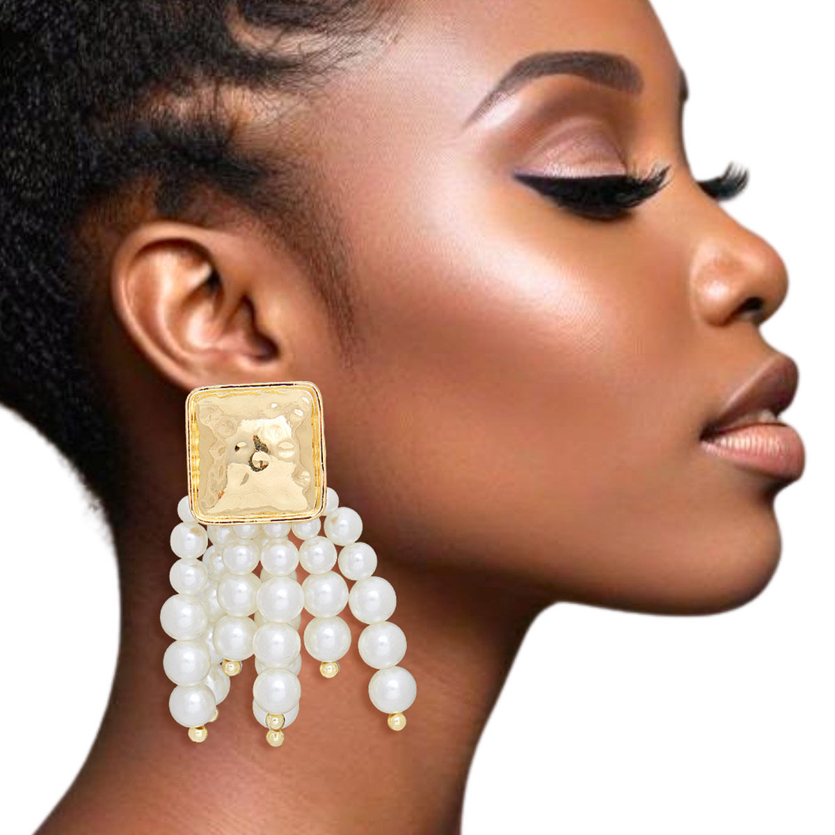 Clip On Gold Square and Pearl Tassel Earrings