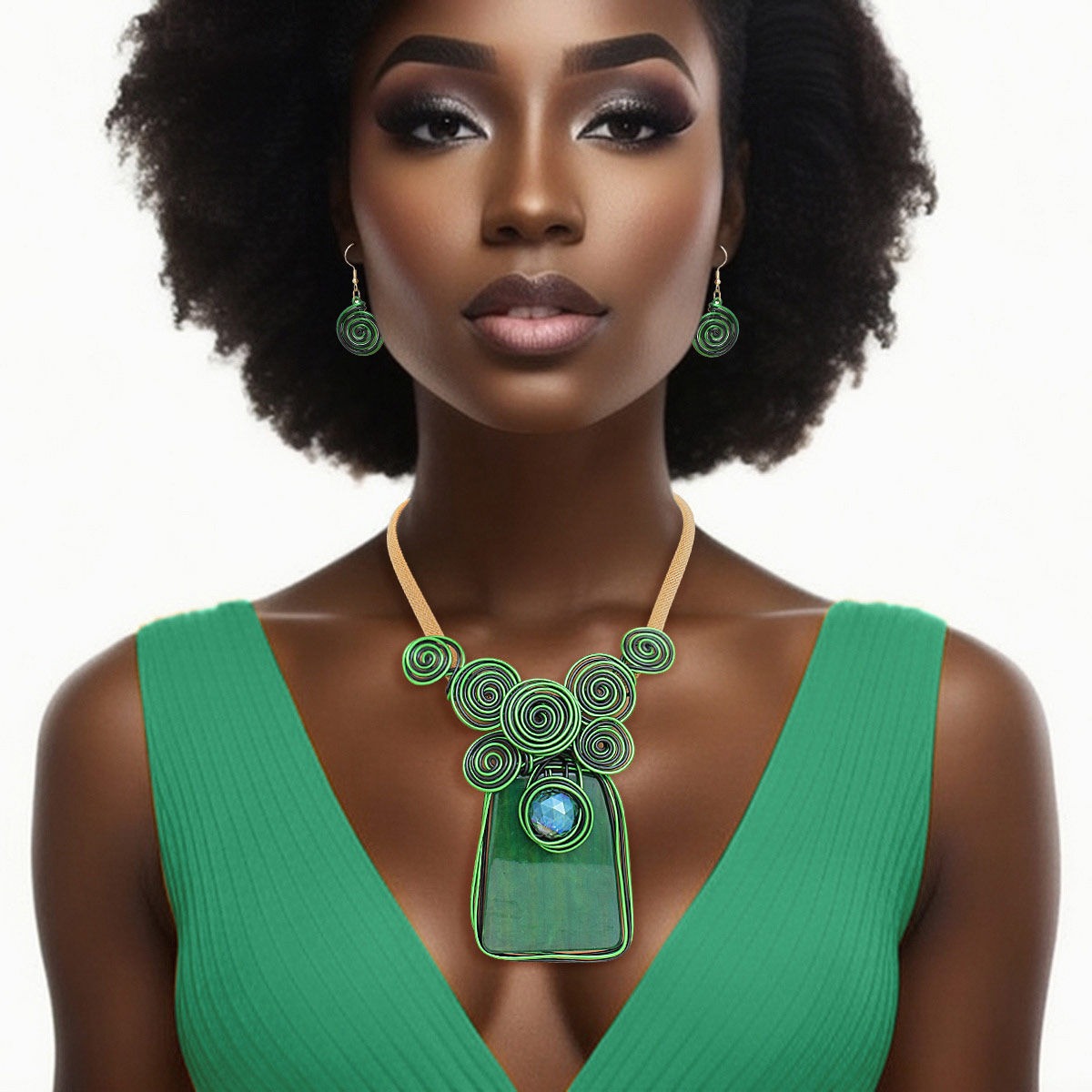 Necklace Vibrant Green Striped Pendant Set Women