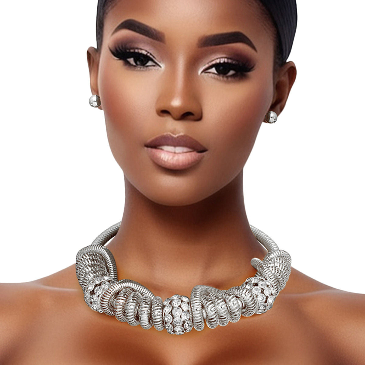 Collar Silver Spring Coil Pave Stone Necklace Set