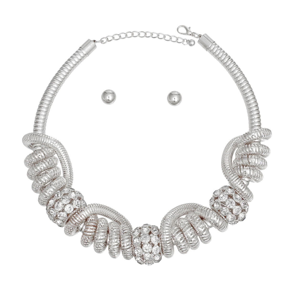 Collar Silver Spring Coil Pave Stone Necklace Set