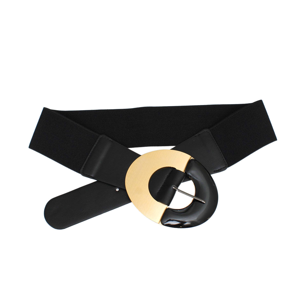 Belt Black Wide Marbled Round Buckle Stretch Women