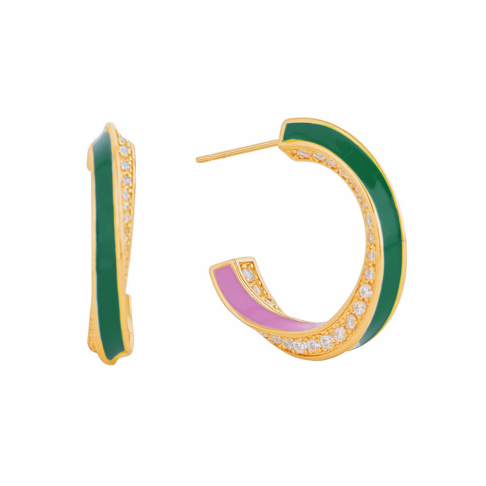 Hoop 14K Gold Pink Green CZ Twist Earrings Women