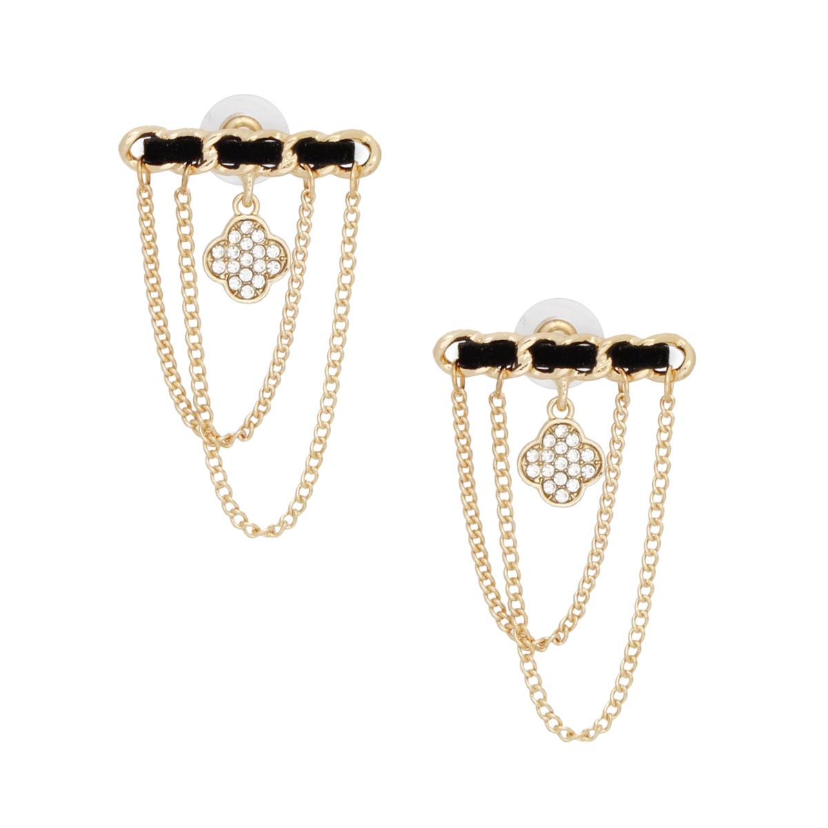 Studs Gold Woven Drape Chain Clover Earrings