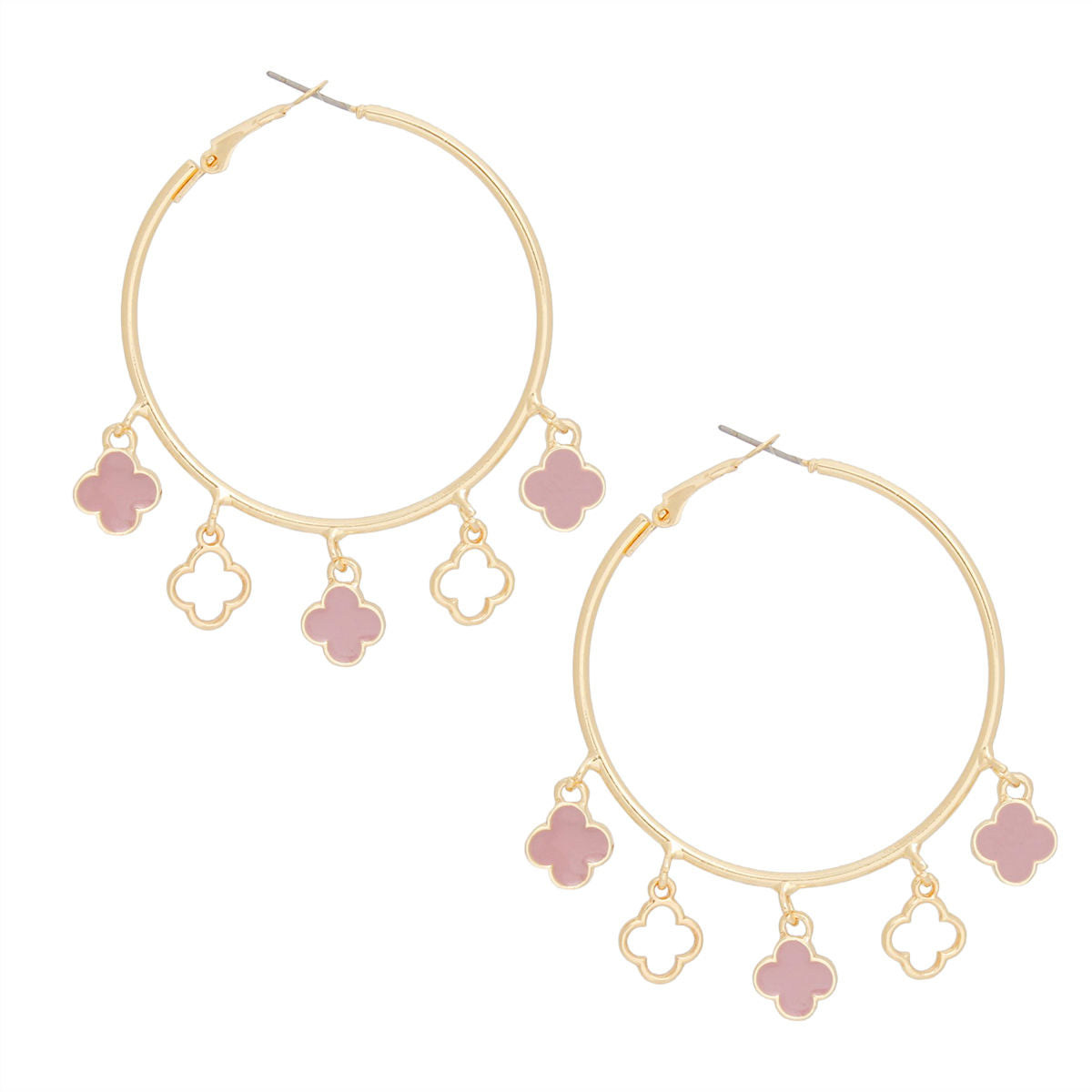 Hoops Gold Pink Clover Dangle Charms Earrings