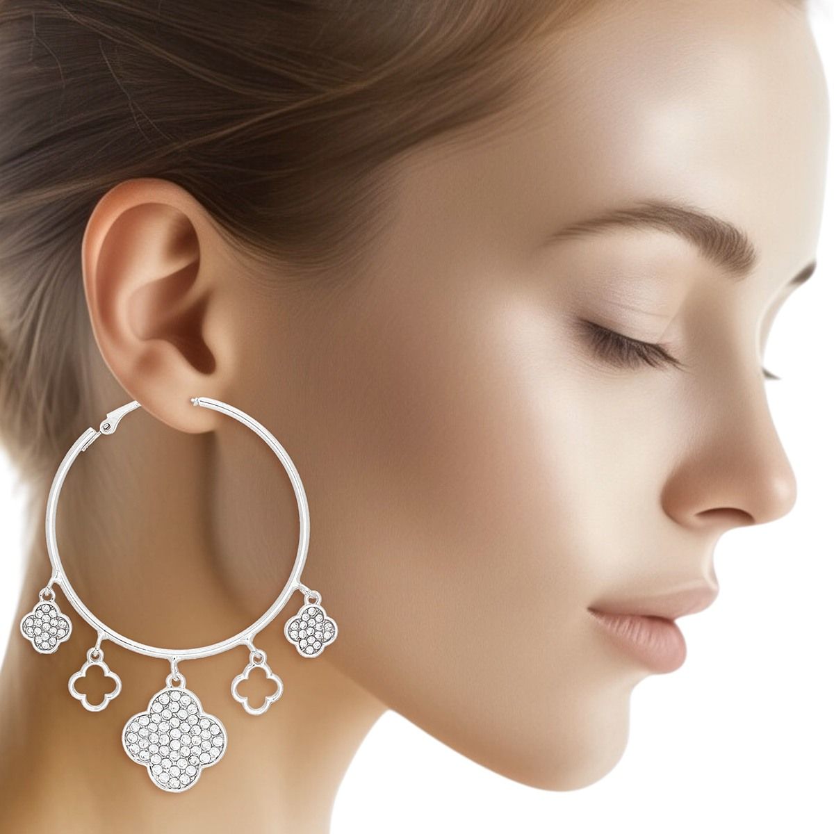 Hoops Silver Pave Quatrefoil Dangle Earrings Women