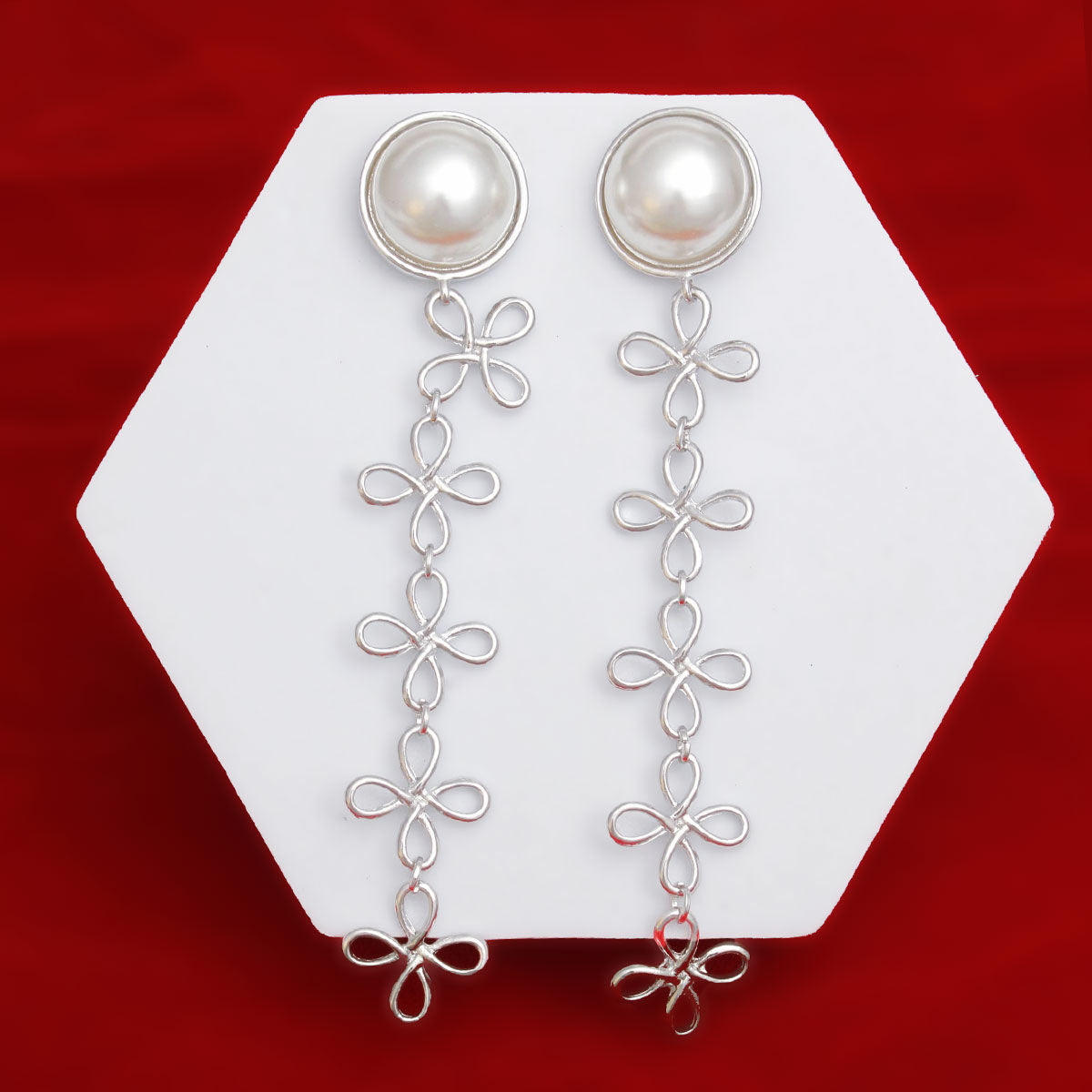 Dangle Dome Pearl Silver Looped Flower Earrings