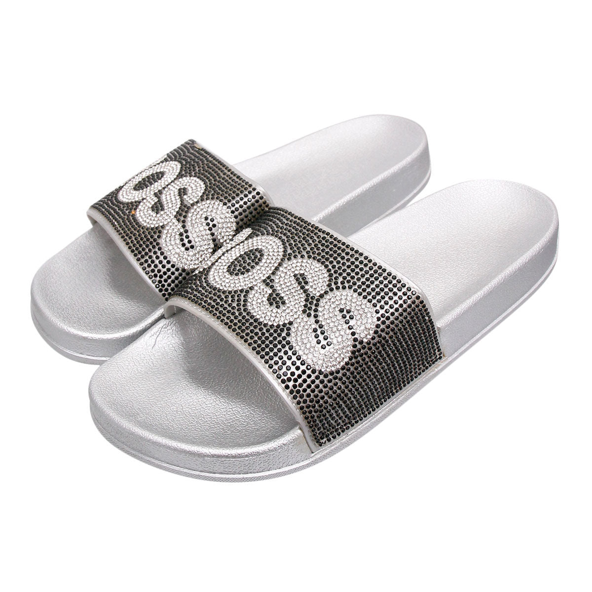 Size 9 Black BOSS Silver Slides