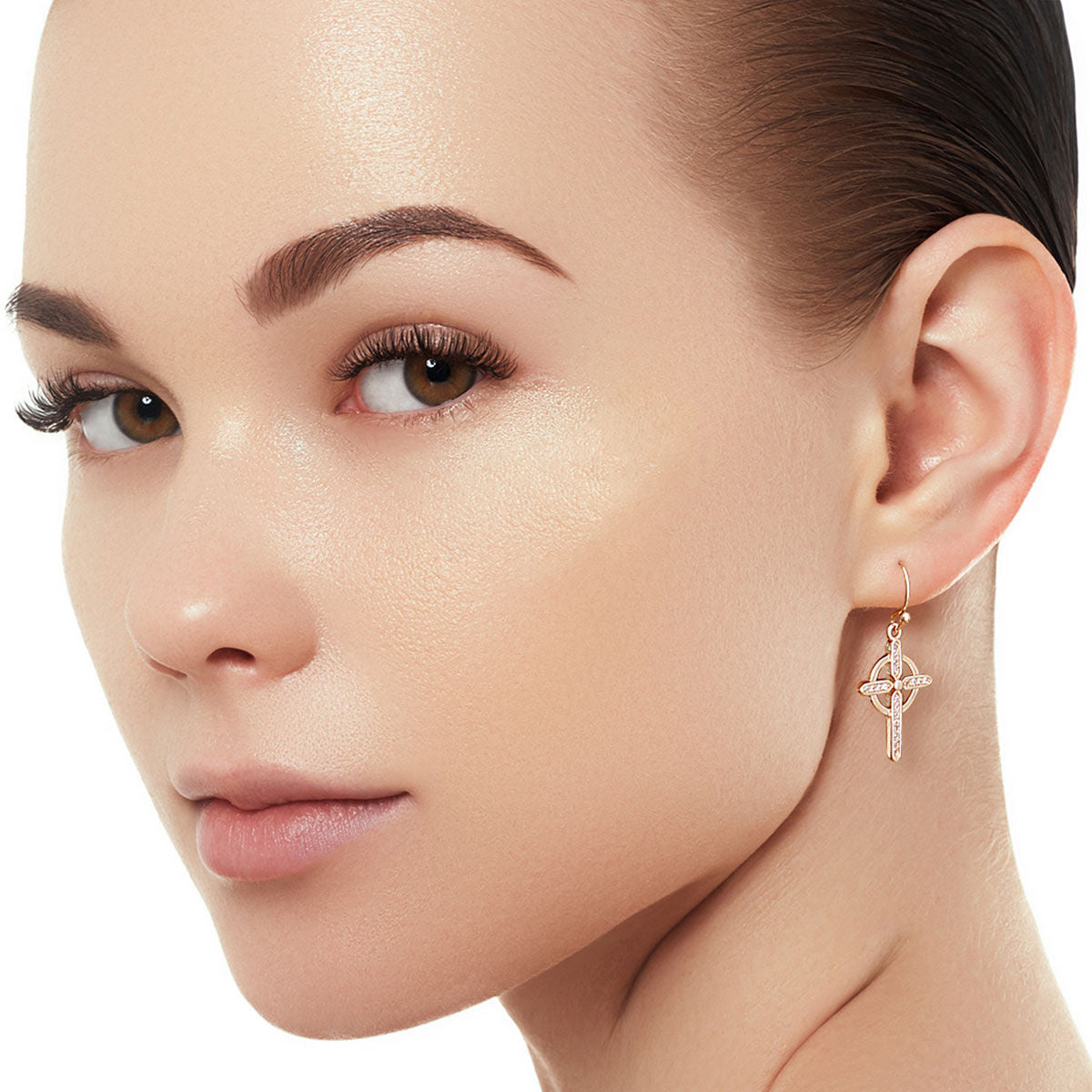 Gold CZ Celtic Cross Fish Hook Earrings