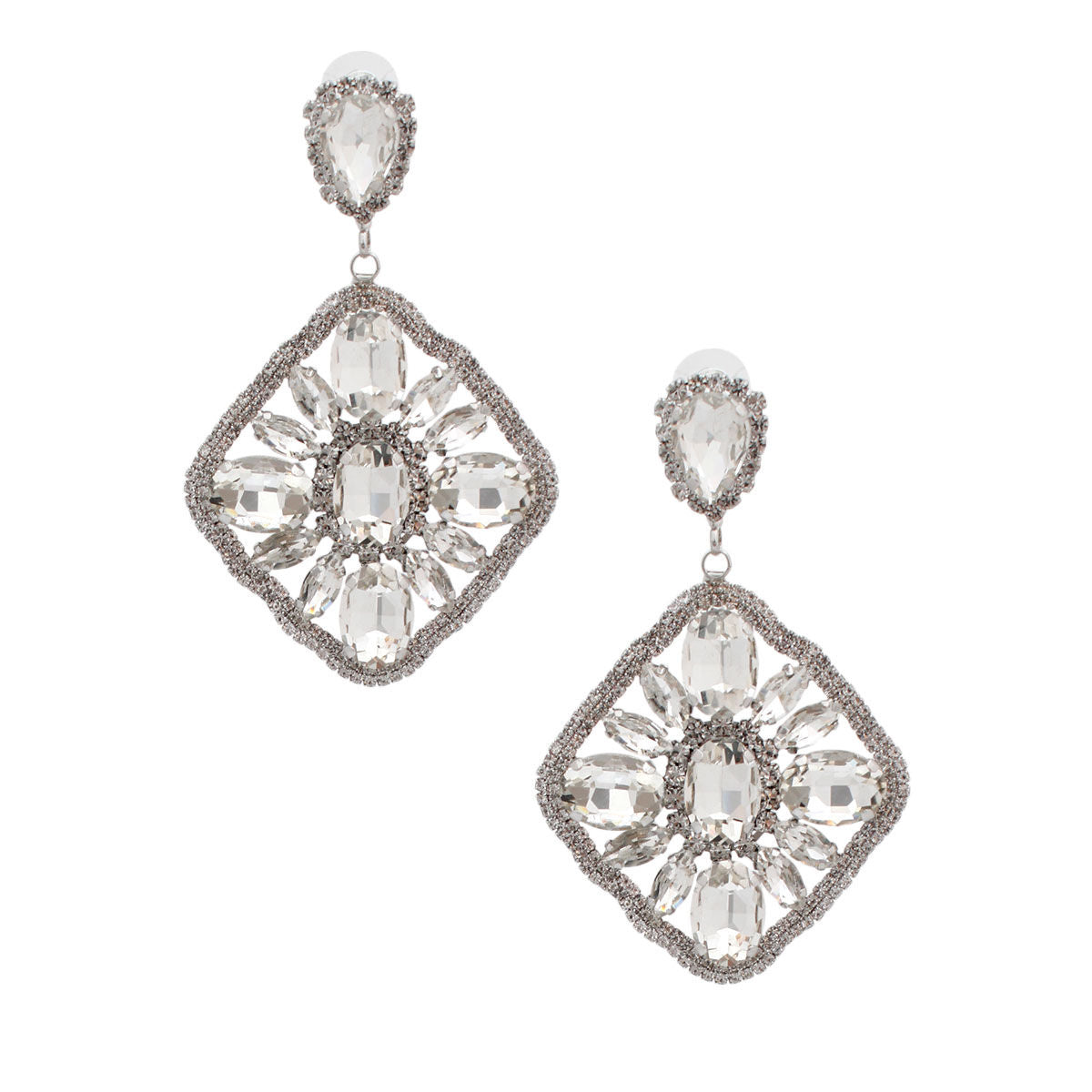 Silver Glass Crystal Diamond Earrings