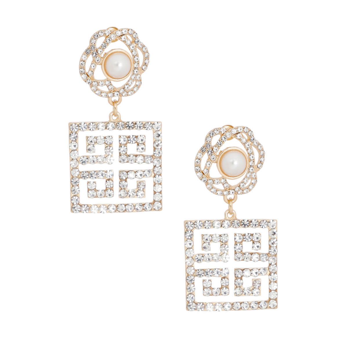 Gold Flower Square Greek Key Earrings