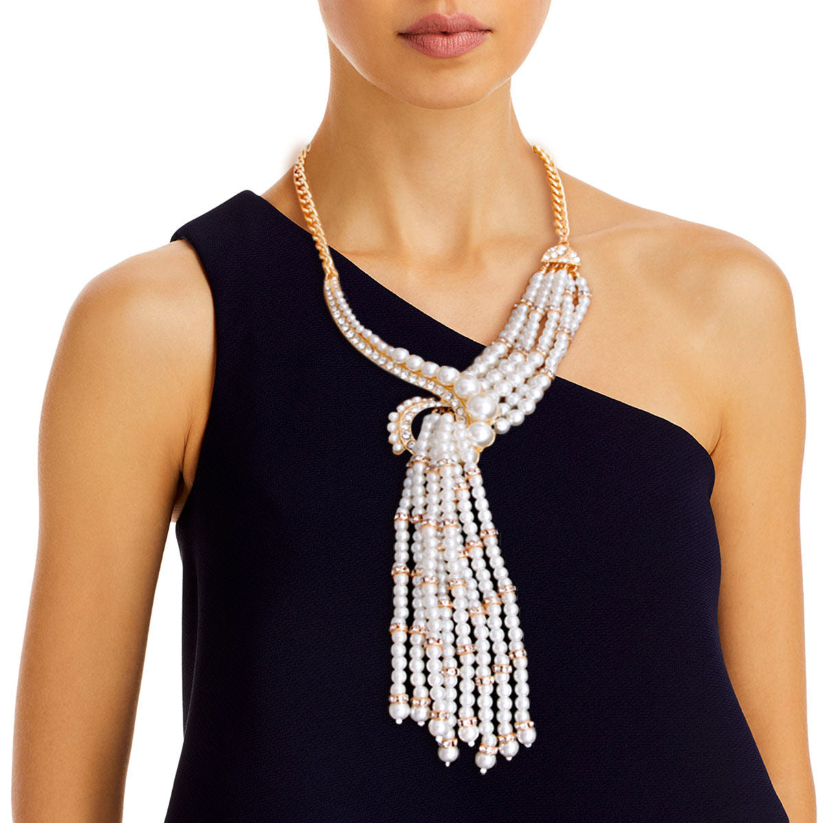 Asymmetric Pearl and Rhinestone Knot Necklace Set