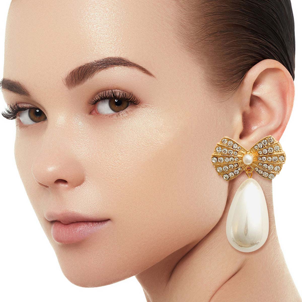 Gold Bow Pearl Teardrop Earrings