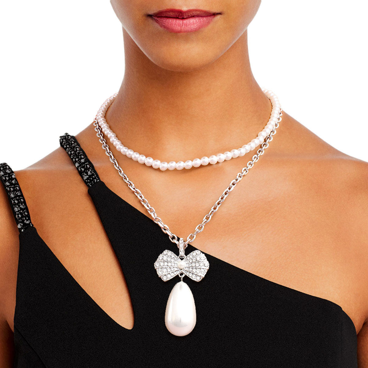 Double Layer Pearl Bow Silver Necklace