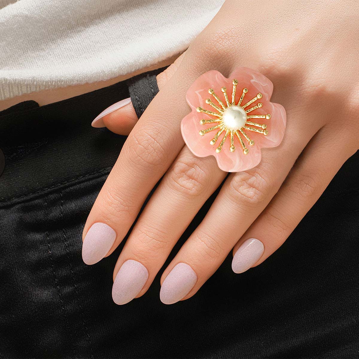 Marbled Pink Flower Gold Ring
