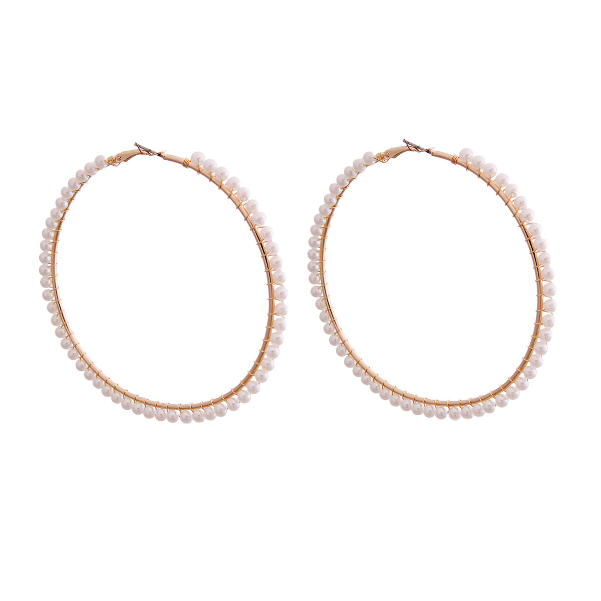 Gold Hoop Earrings Wrapped with Cream Pearls