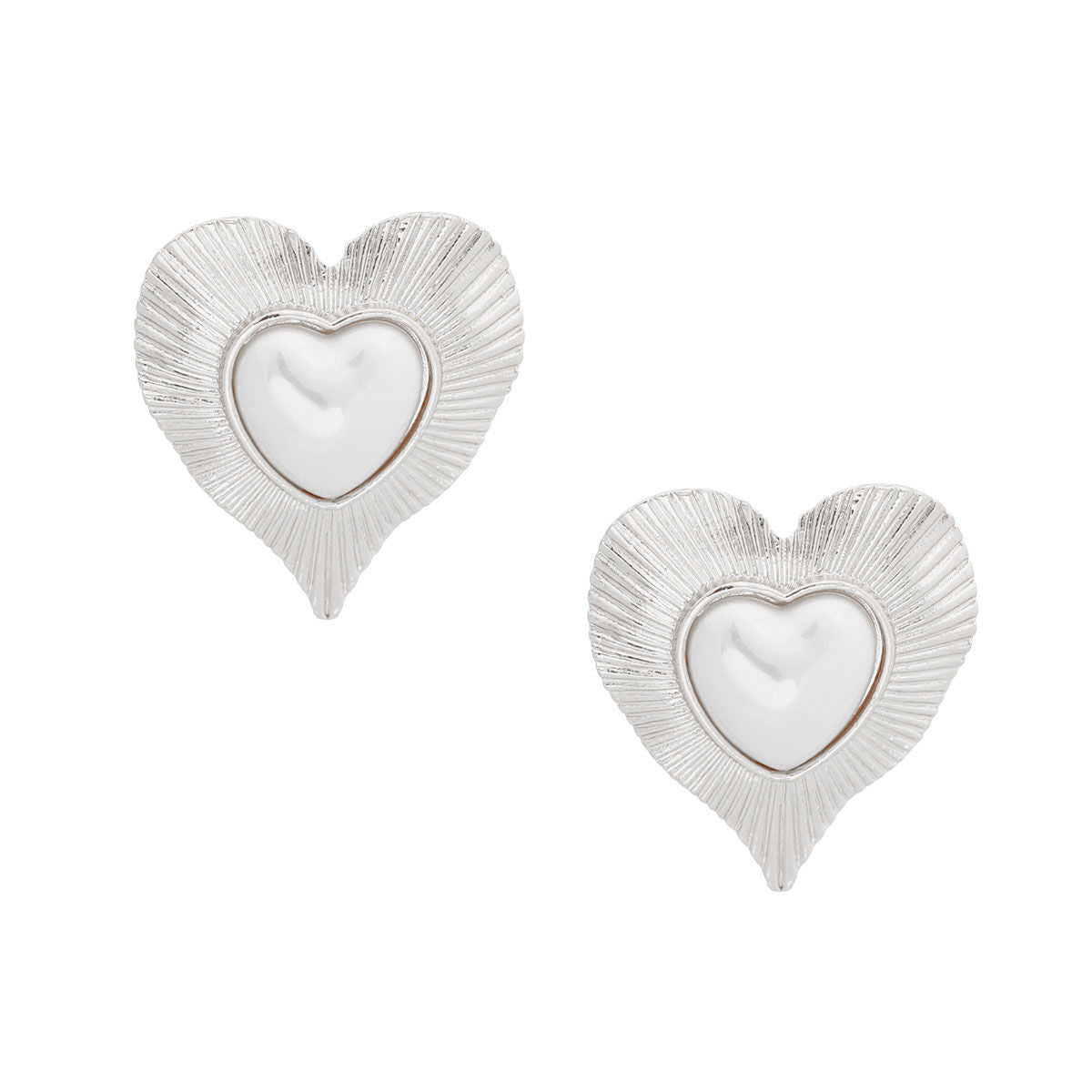 Silver Ribbed Heart Pearl Clip Ons
