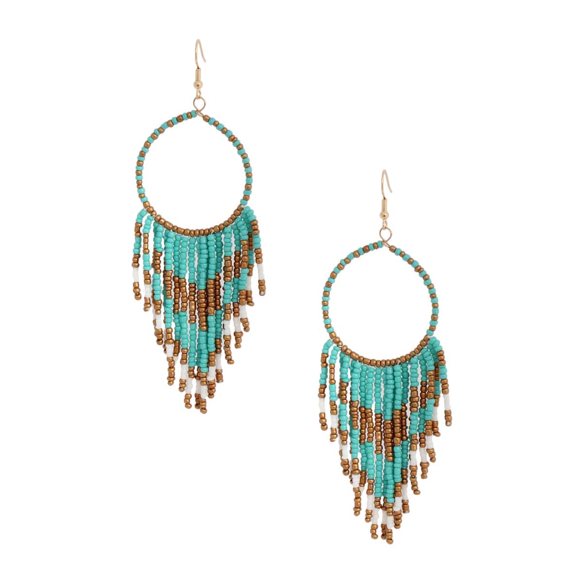 Turquoise and Gold Bead Fringe Circle Earrings