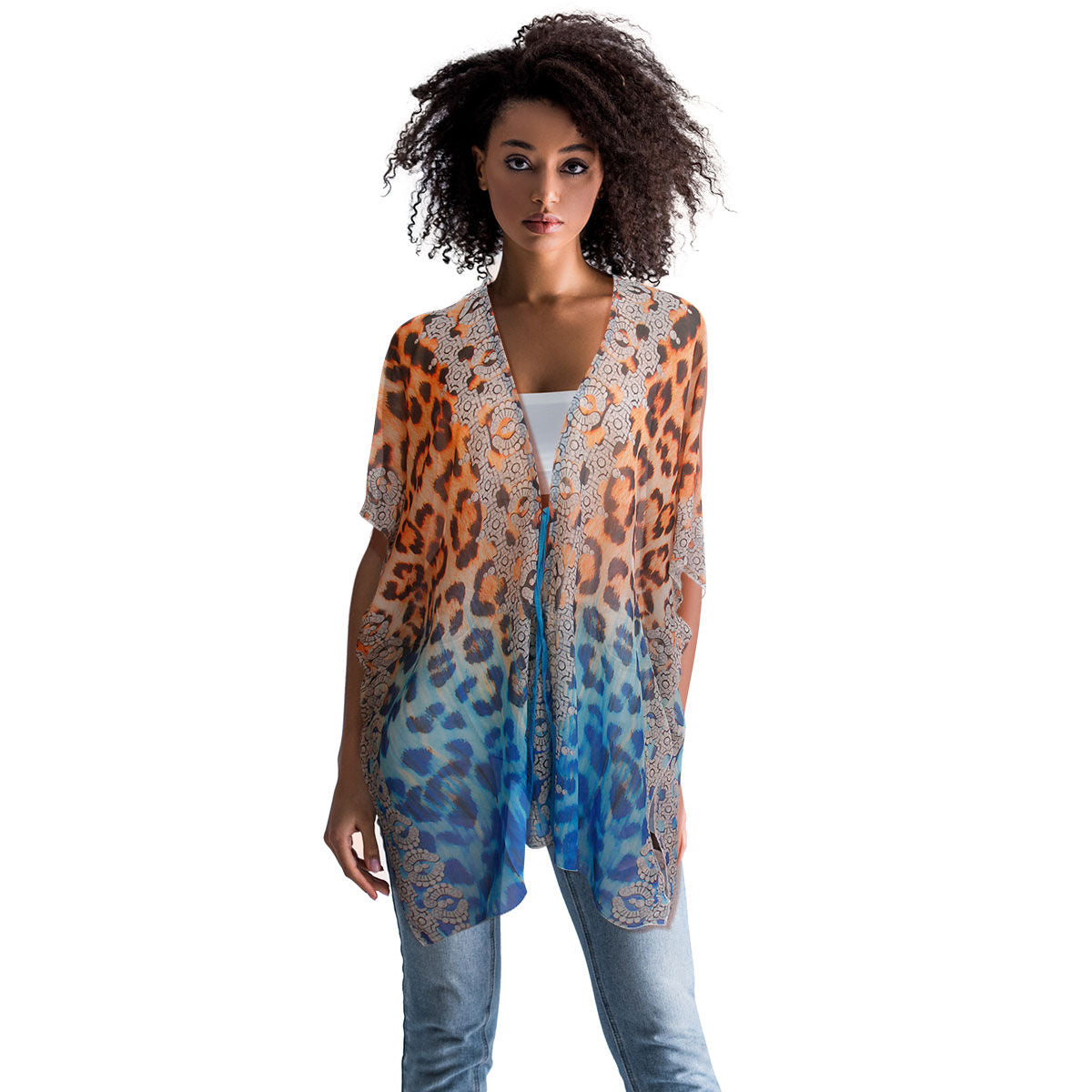 Blue Leopard Embroidered Kimono