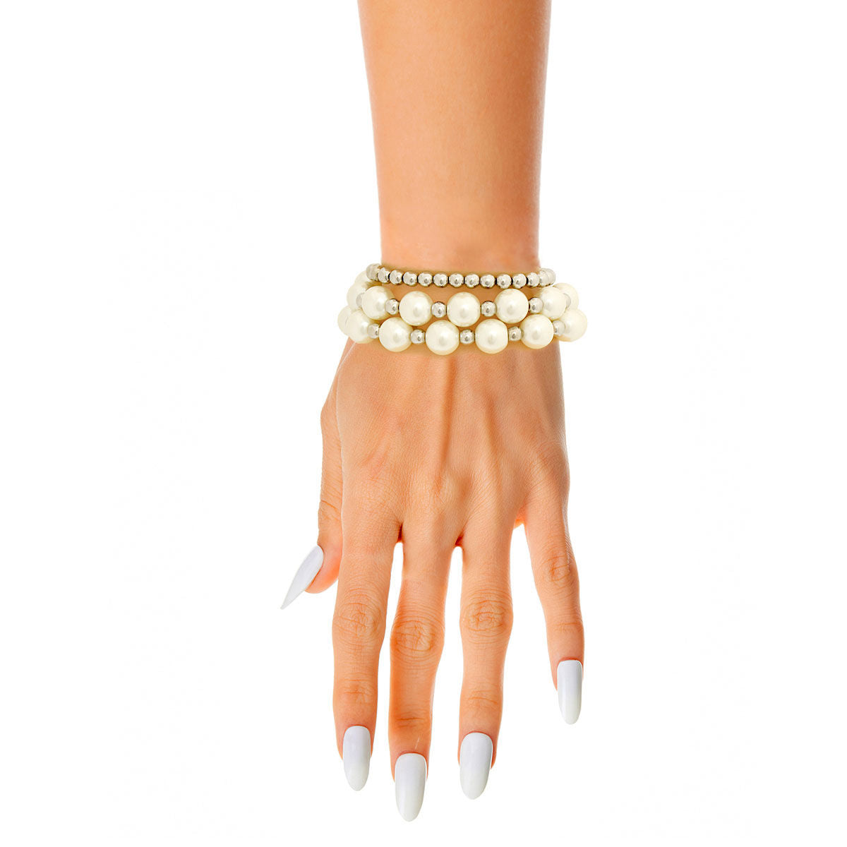 3 Strand White Pearl Silver Bracelets