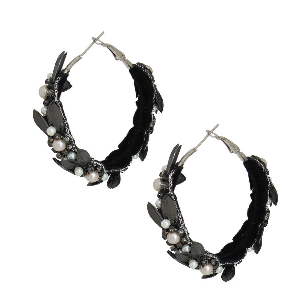 Pearl and Black Leaf Hoop Earrings
