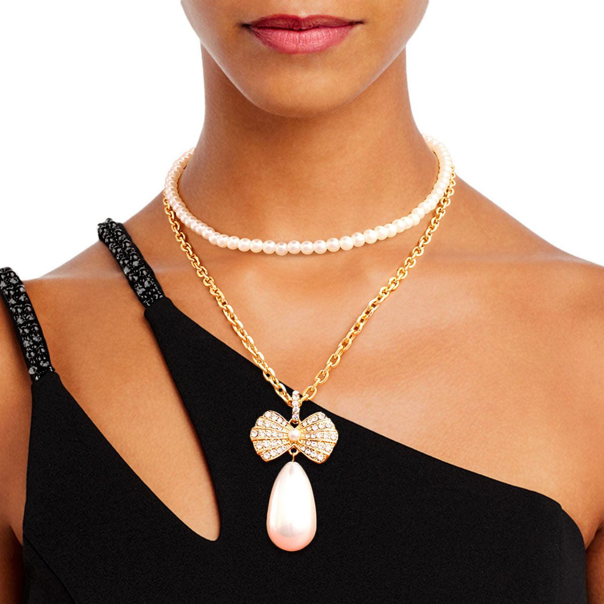 Double Layer Pearl Bow Gold Necklace